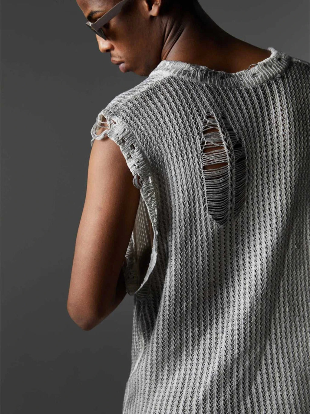 Men's Distressed Knit Vest with Frayed Edges
