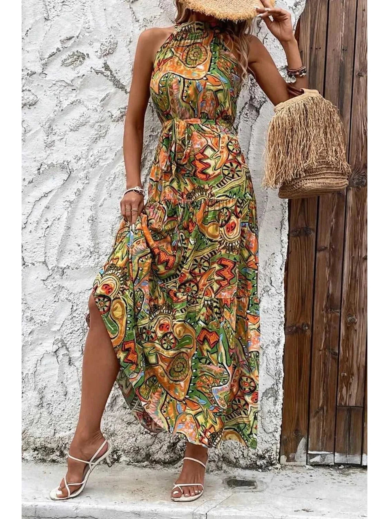 Tied Floral Sleeveless Dress -- 