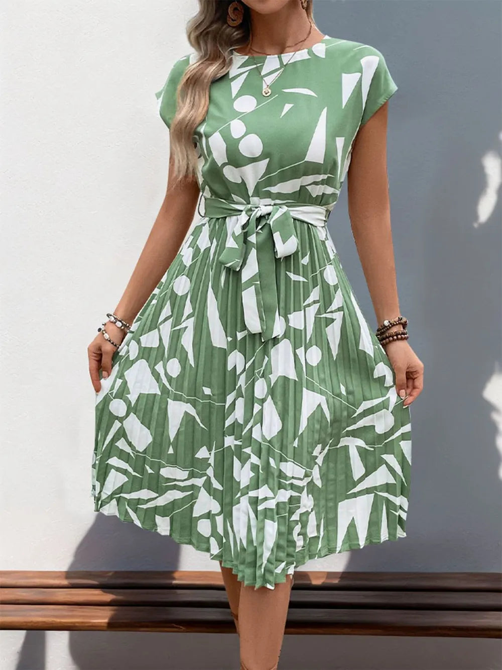 Tied Pleated Printed Midi Dress – Modest Cap Sleeve