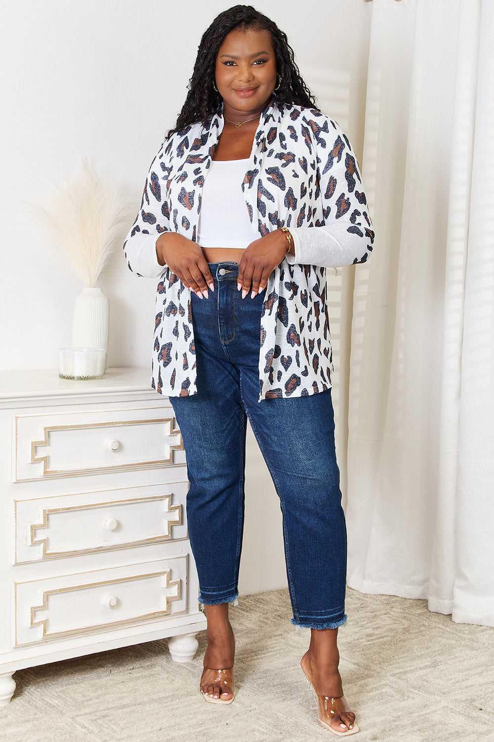 Double Take Leopard Long Sleeve Cardigan -- 