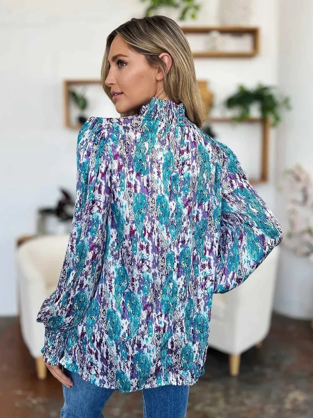 Double Take Full Size Printed Smocked Long Sleeve Blouse -- 