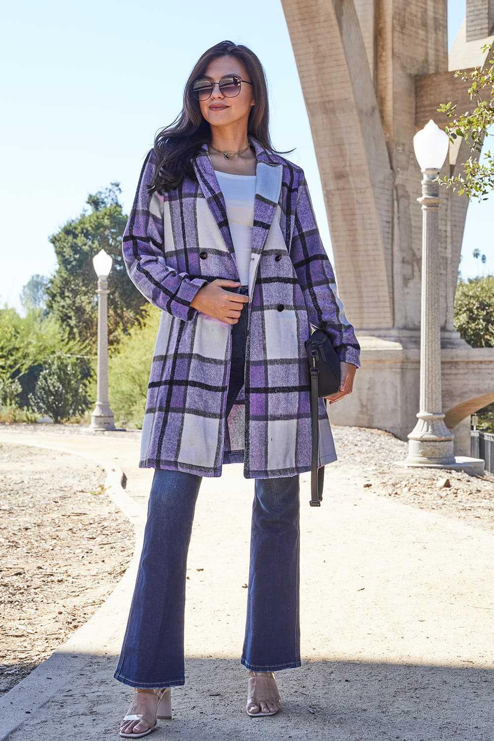 Double Take Full Size Plaid Button Up Lapel Collar Coat -- 