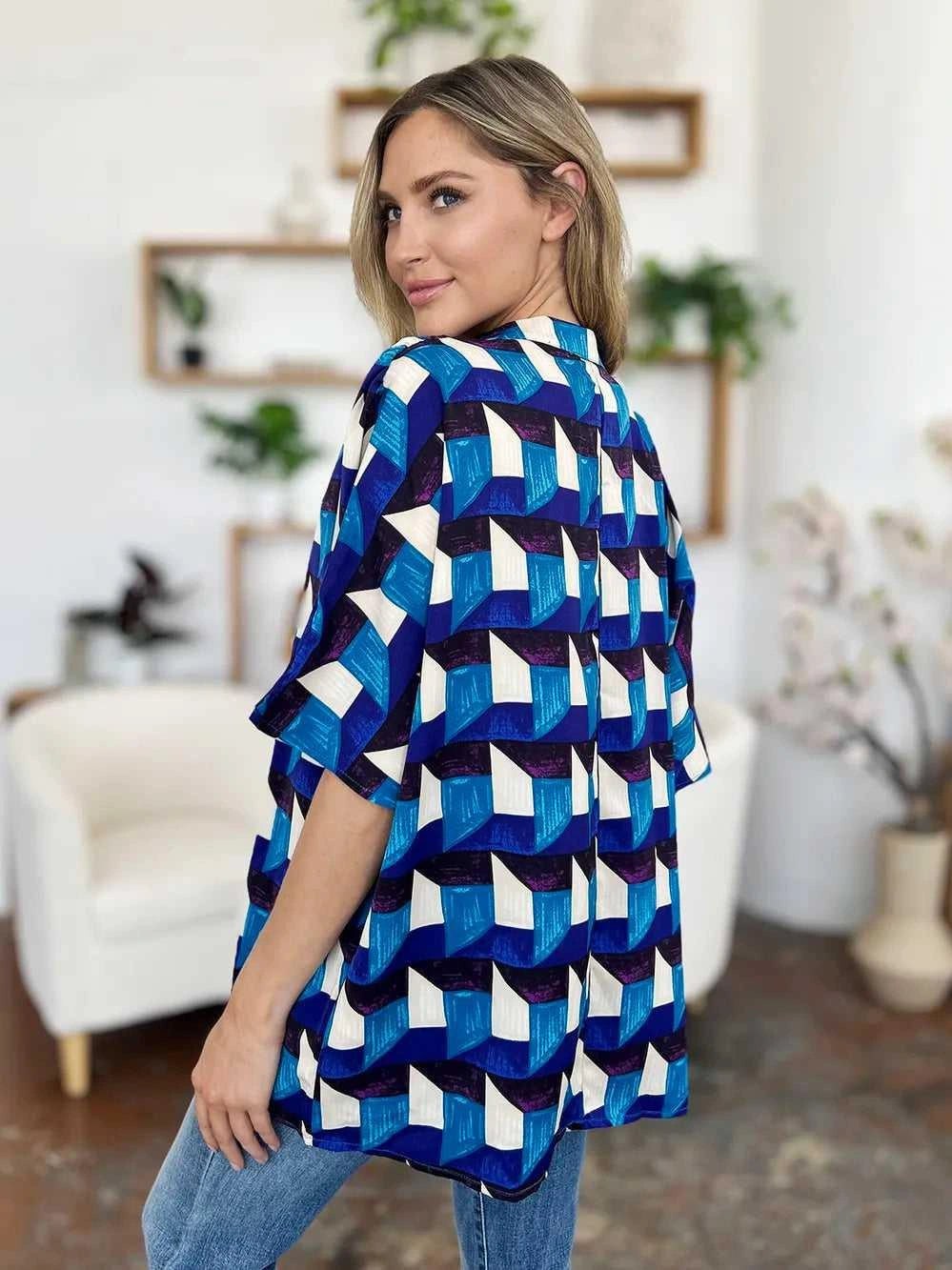 Double Take Full Size Geometric Notched Half Sleeve Blouse -- 