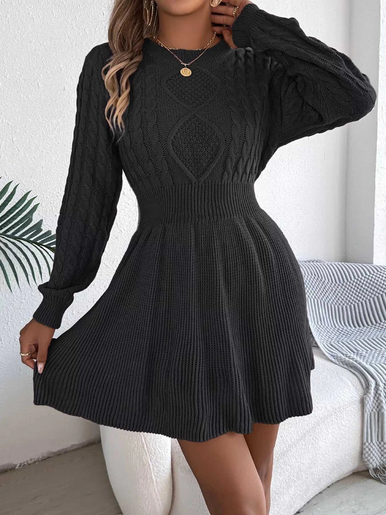 Cable Knit Long Sleeve Sweater Dress
