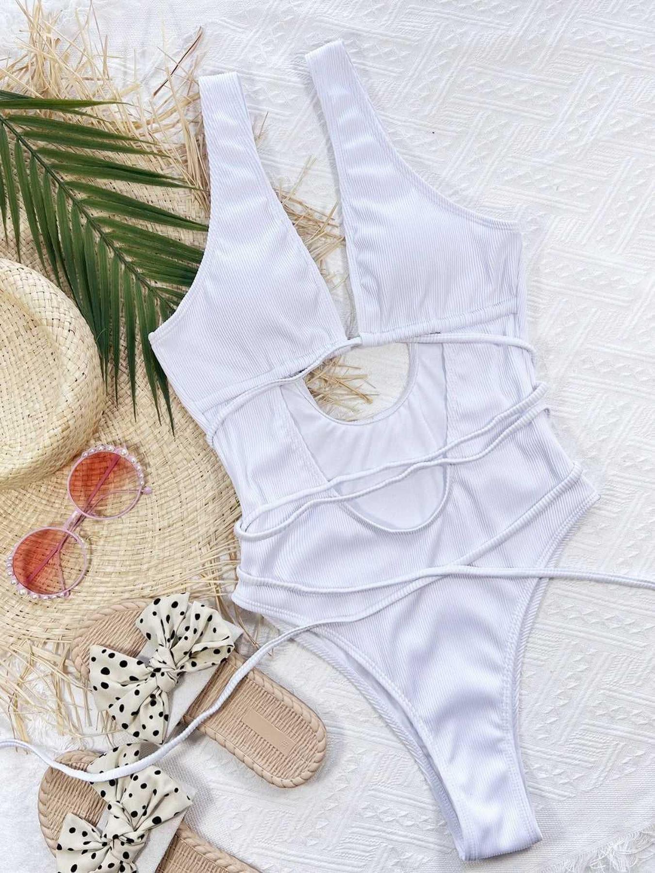 Ribbed Lace Up One-Piece Swimsuit -- 