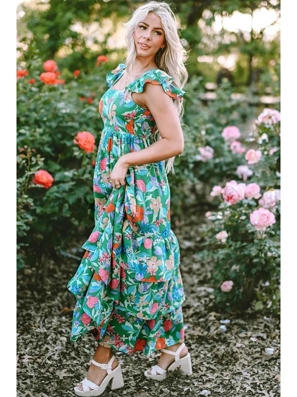 Tiered Ruffled Printed Sleeveless Dress -- 