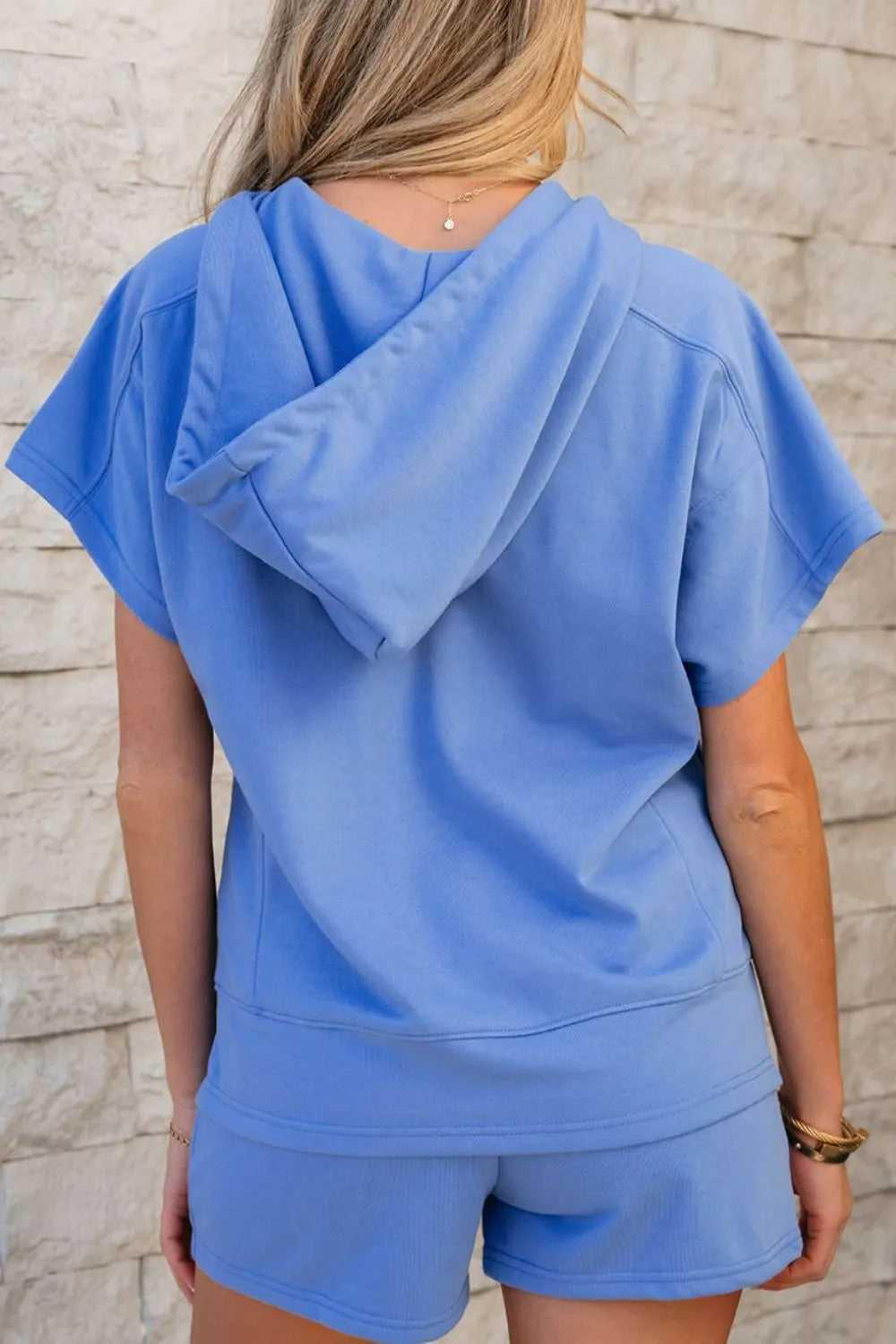 Drawstring Zipped Short Sleeve Hoodie and Shorts Set -- 