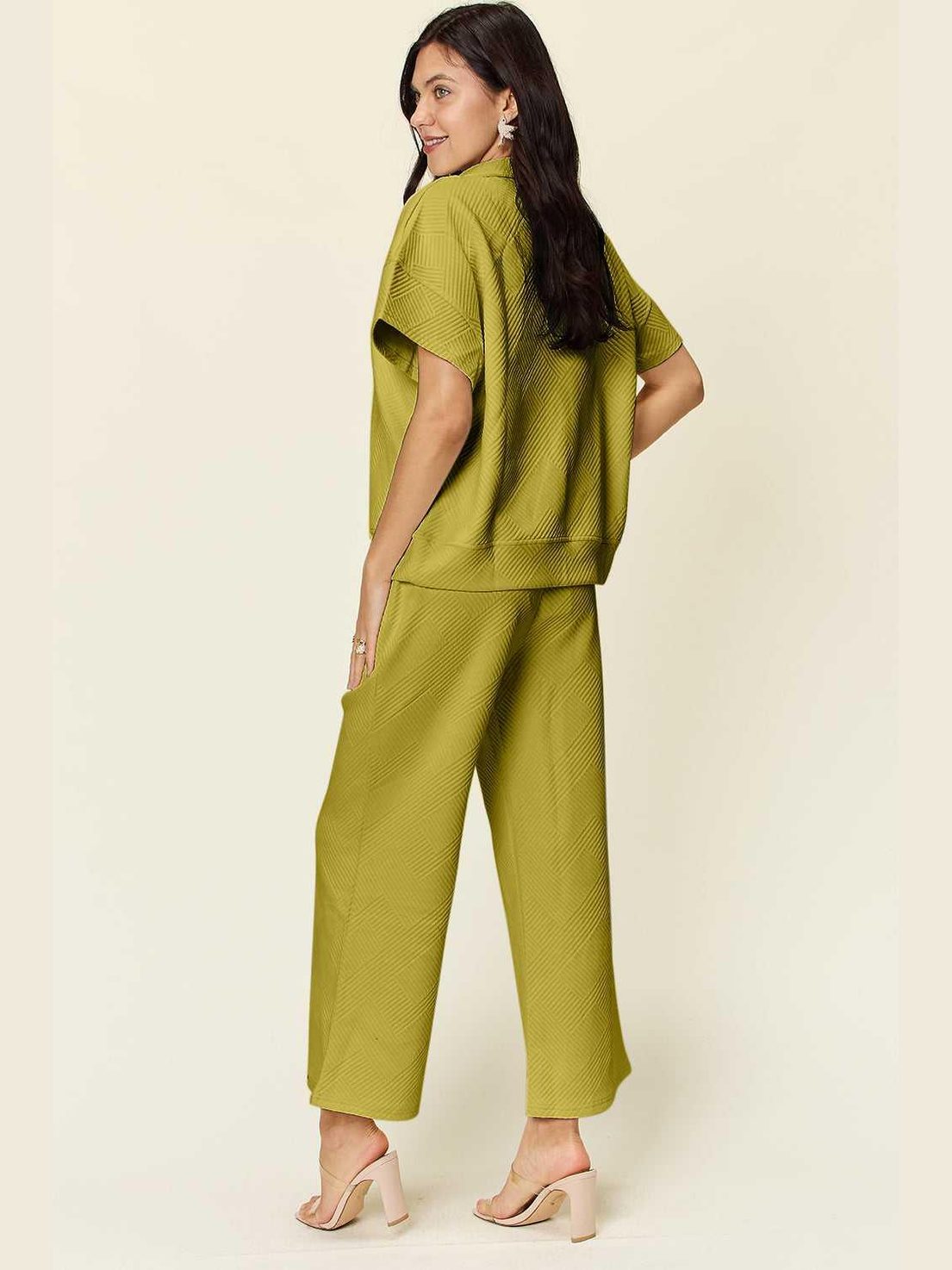 Double Take Full Size Texture Half Zip Short Sleeve Top and Pants Set -- 