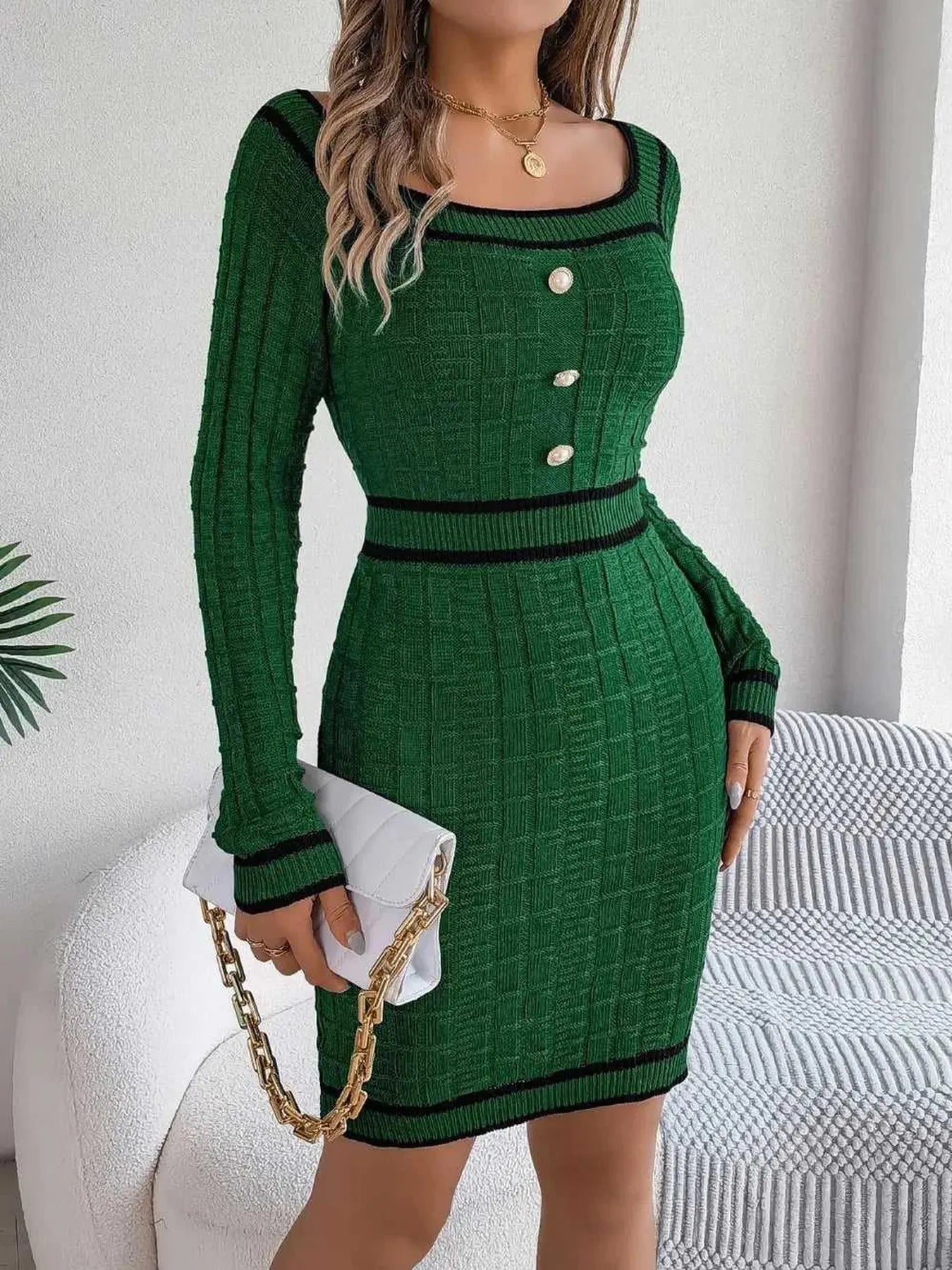 Contrast Trim Long Sleeve Sweater Dress -- 