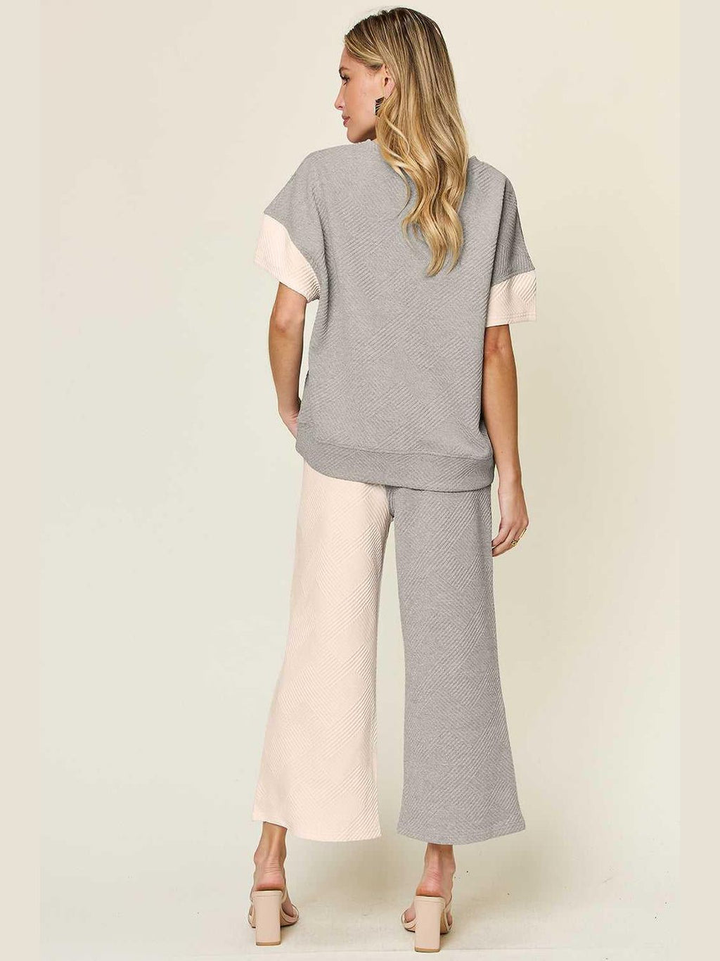 Double Take Full Size Texture Contrast T-Shirt and Wide Leg Pants Set -- 