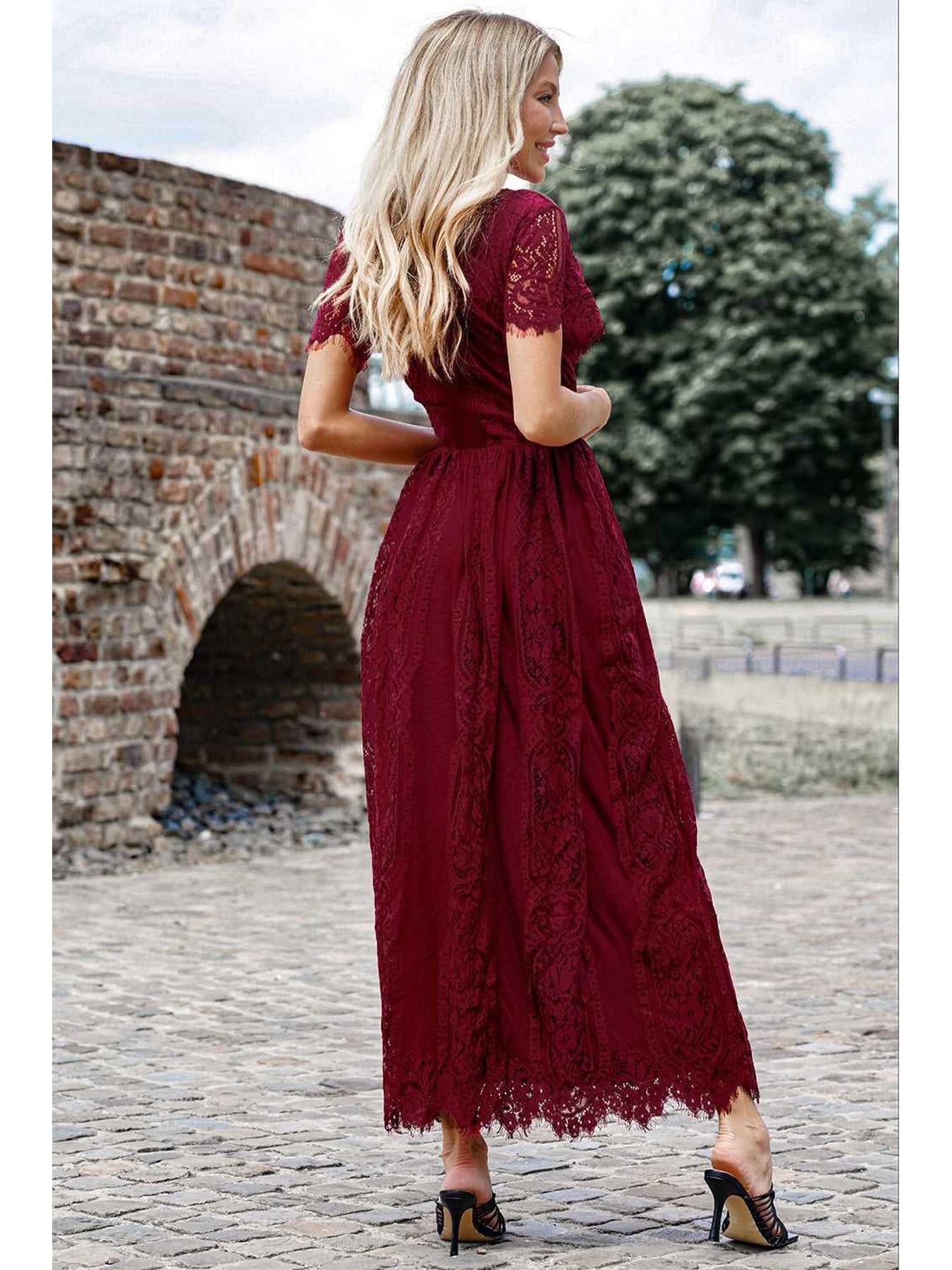 Scalloped Trim Lace Plunge Dress -- 