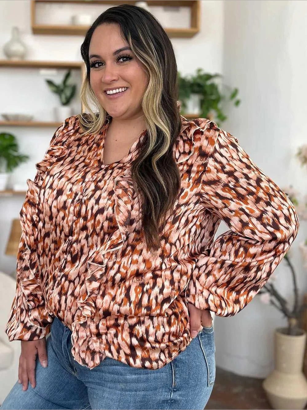 Double Take Full Size Printed Ruffle Trim Balloon Sleeve Shirt -- 