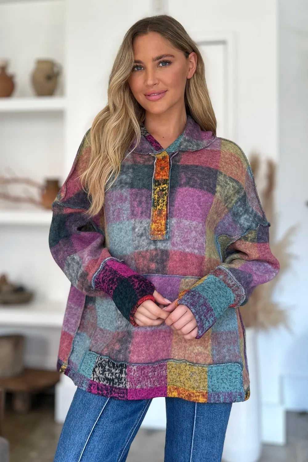 Double Take Full Size Plaid Dropped Shoulder Fleece Hoodie -- 