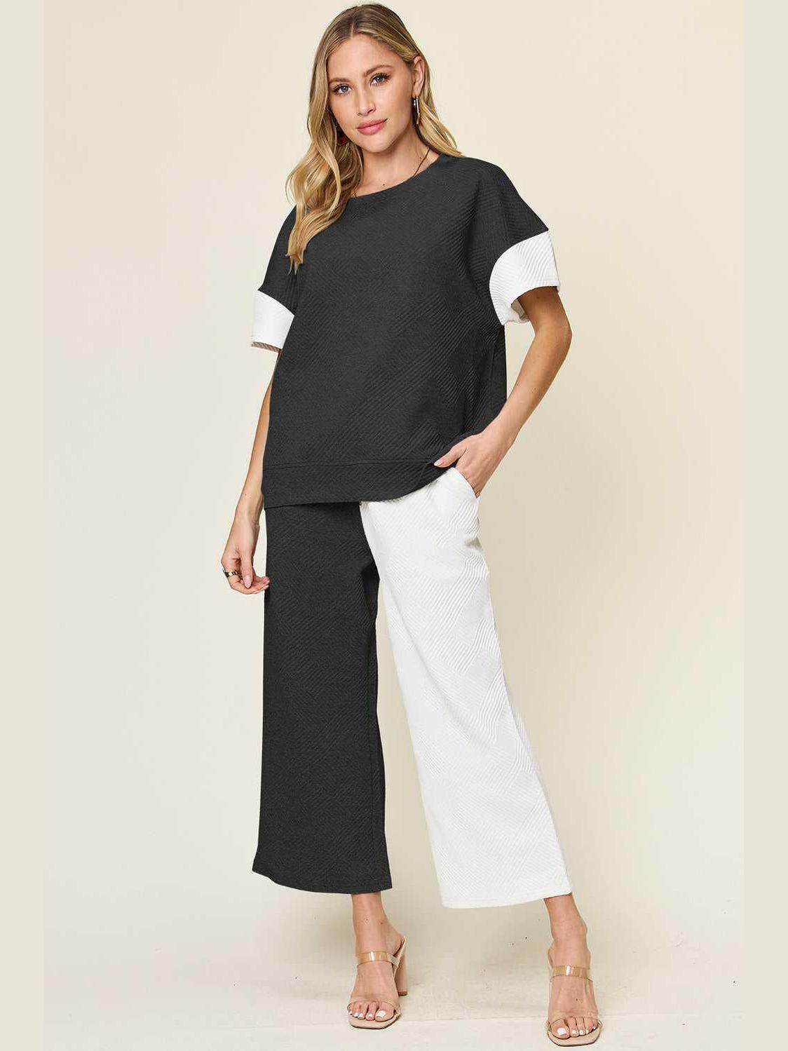 Double Take Full Size Texture Contrast T-Shirt and Wide Leg Pants Set -- 