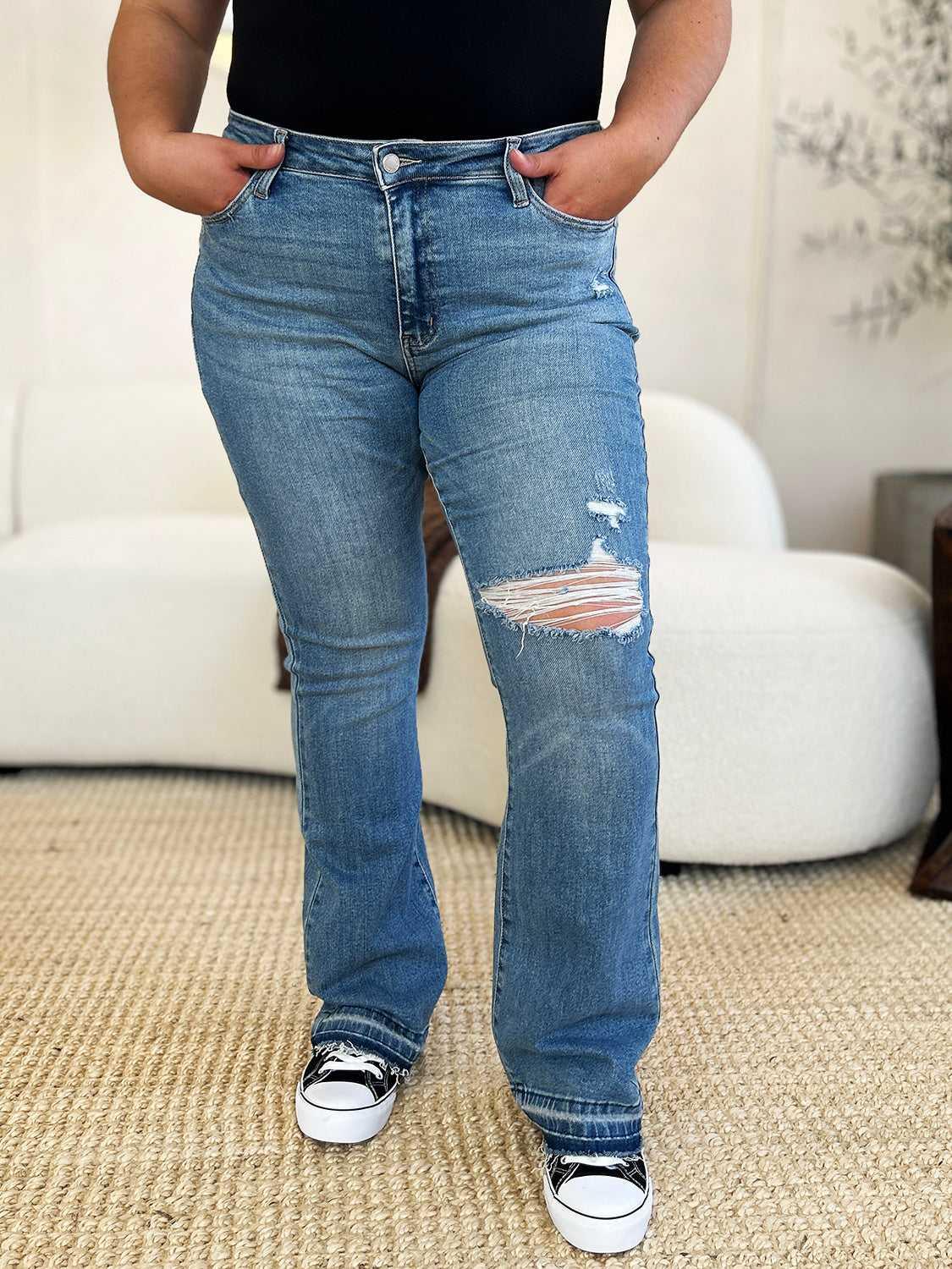 Judy Blue Full Size Mid Rise Destroyed Hem Distressed Jeans -- 