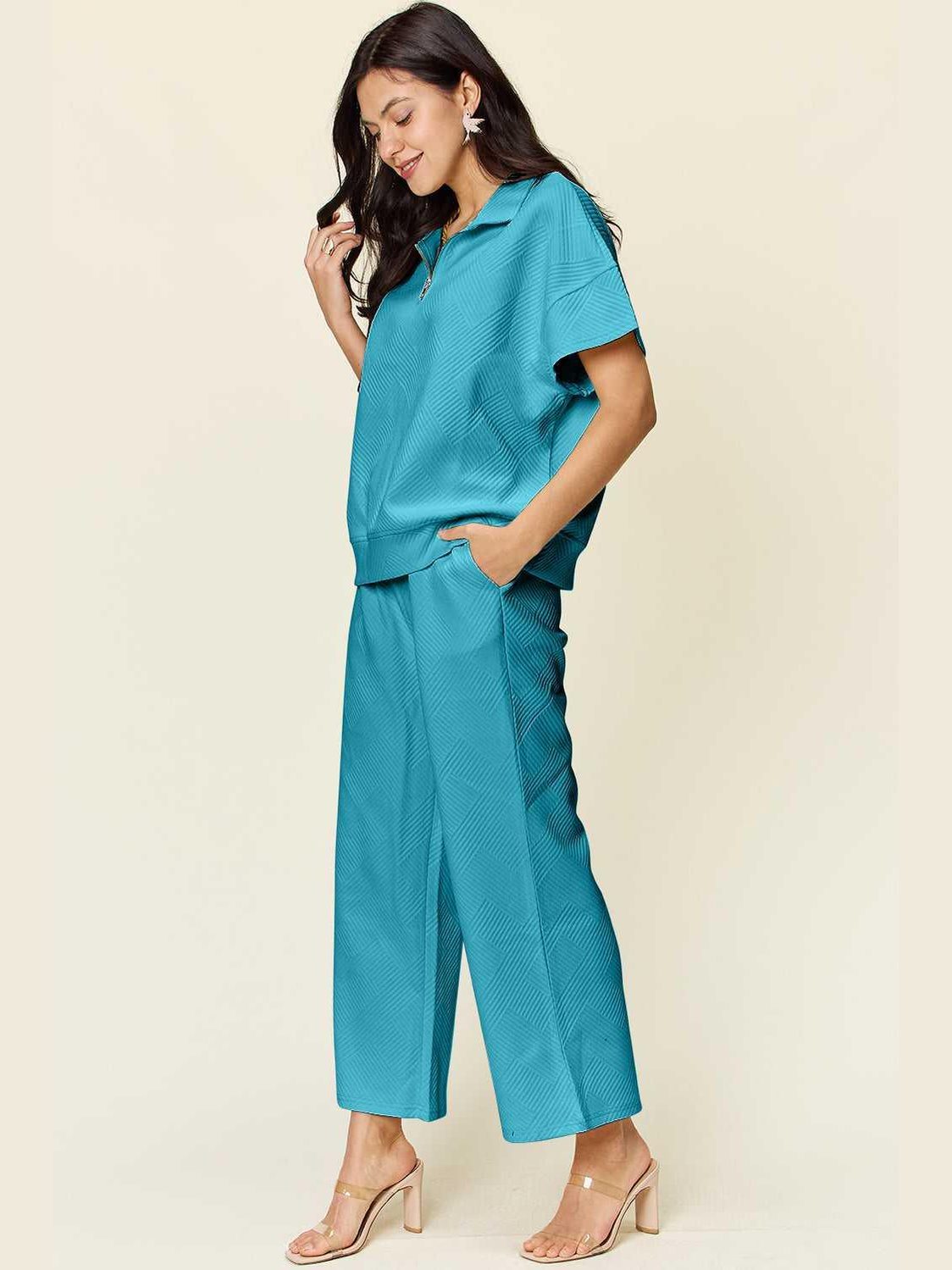 Double Take Full Size Texture Half Zip Short Sleeve Top and Pants Set -- 