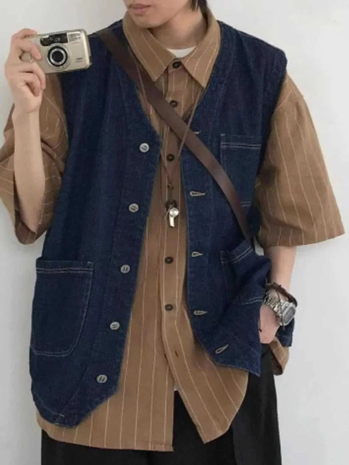 Men's Plus Size Button Up V-Neck Denim Vest
