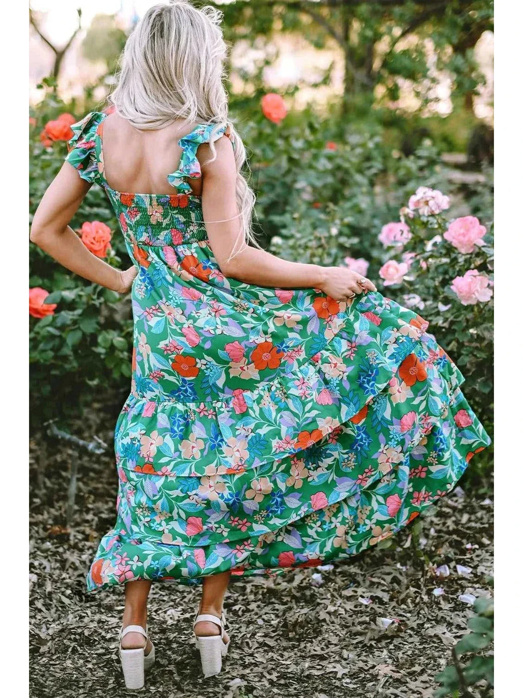 Tiered Ruffled Printed Sleeveless Dress -- 