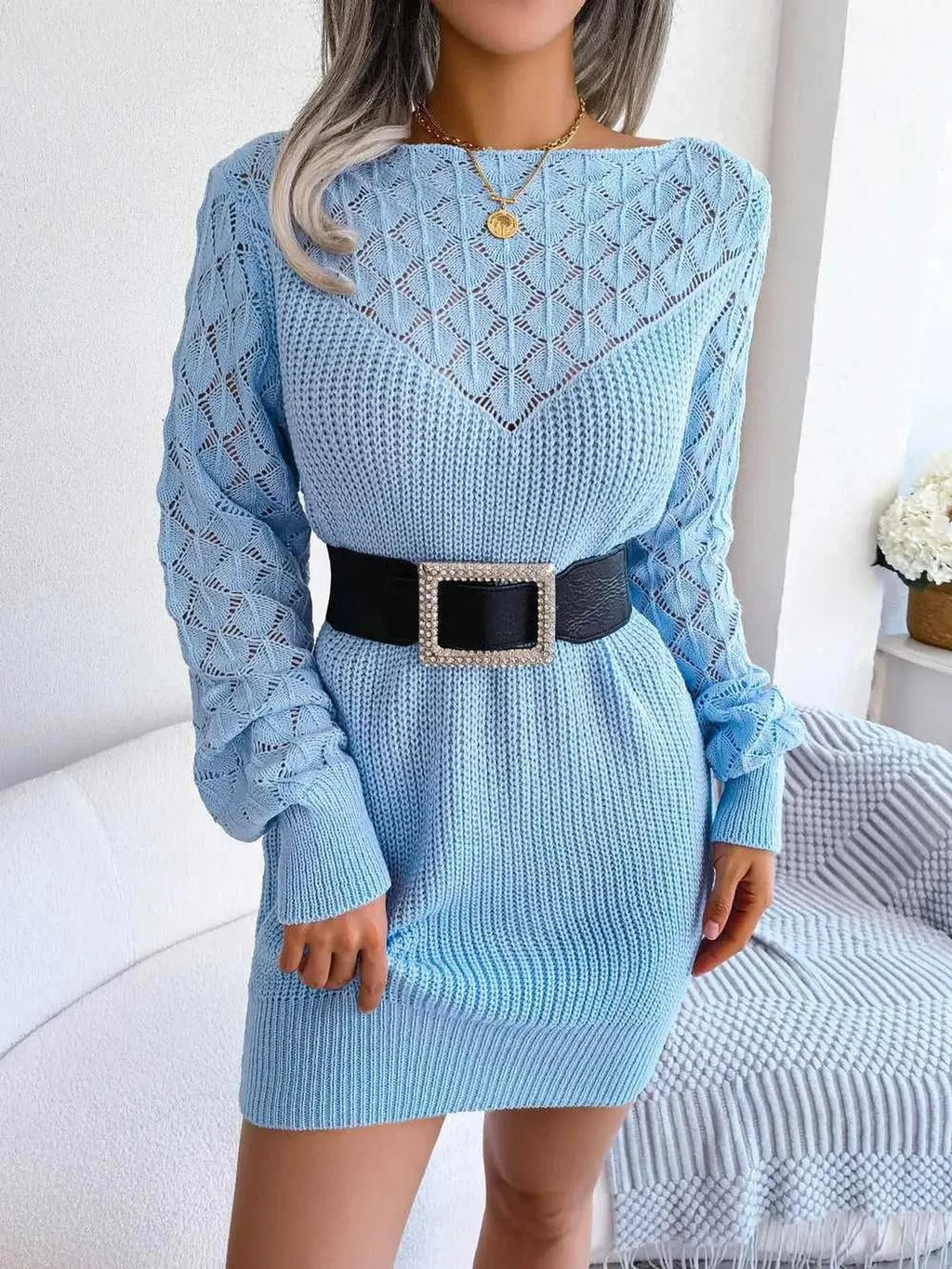 Openwork Boat Neck Sweater Dress -- 