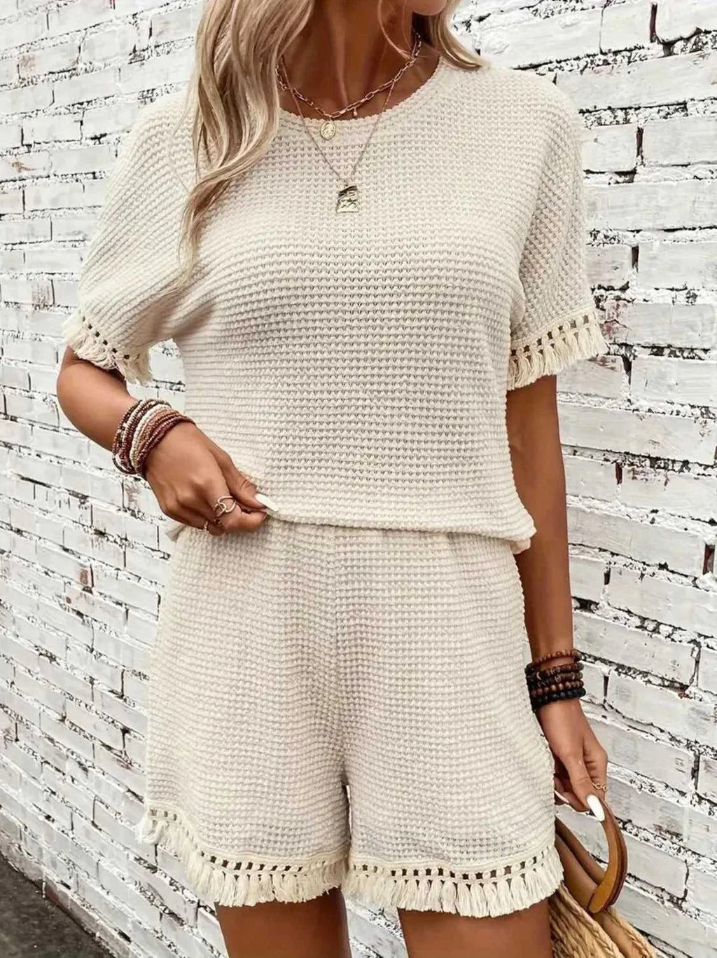 Tassel Round Neck Top and Shorts Set -- 