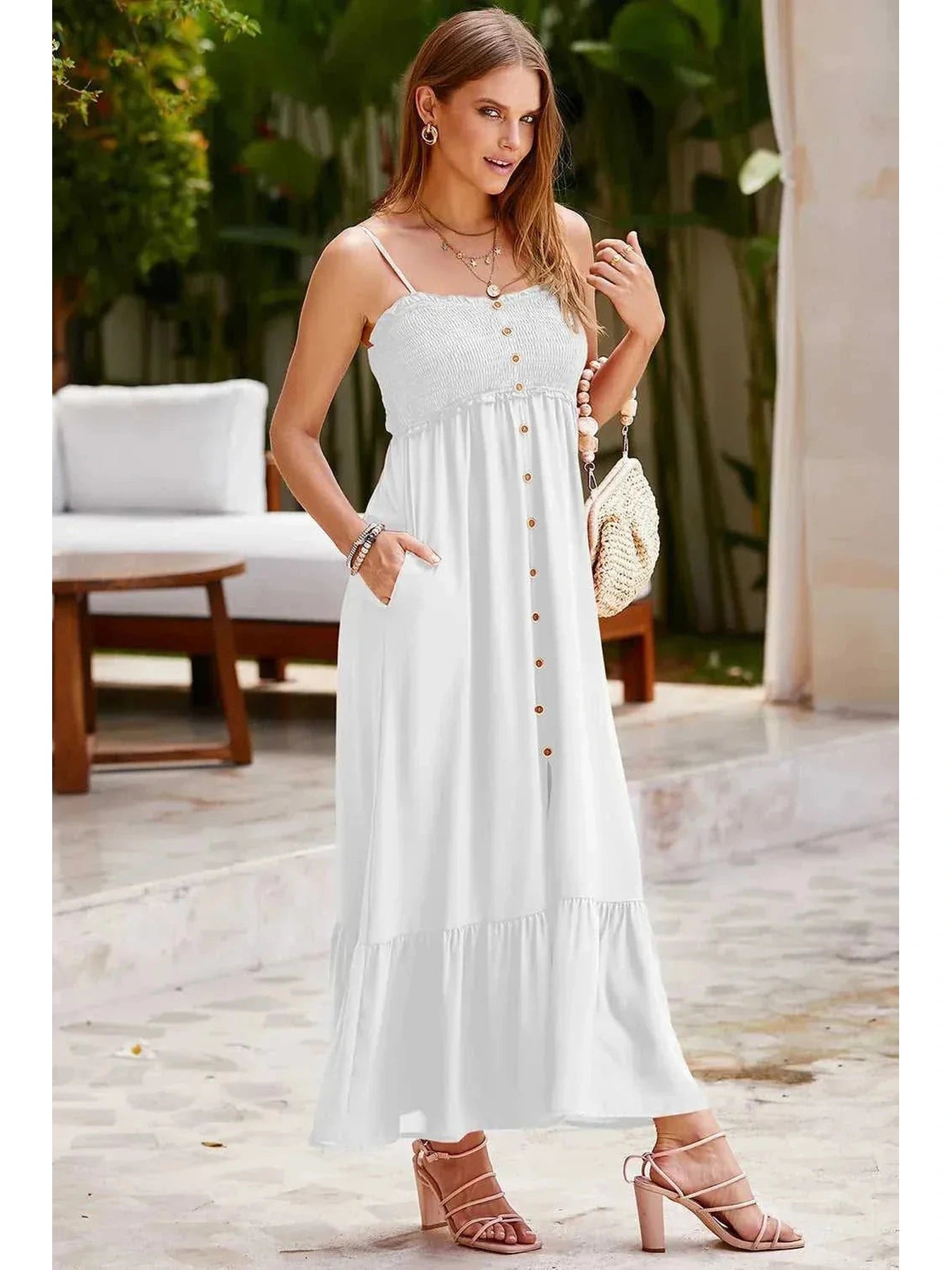 Smocked Spaghetti Strap Ruffle Hem Dress -- 