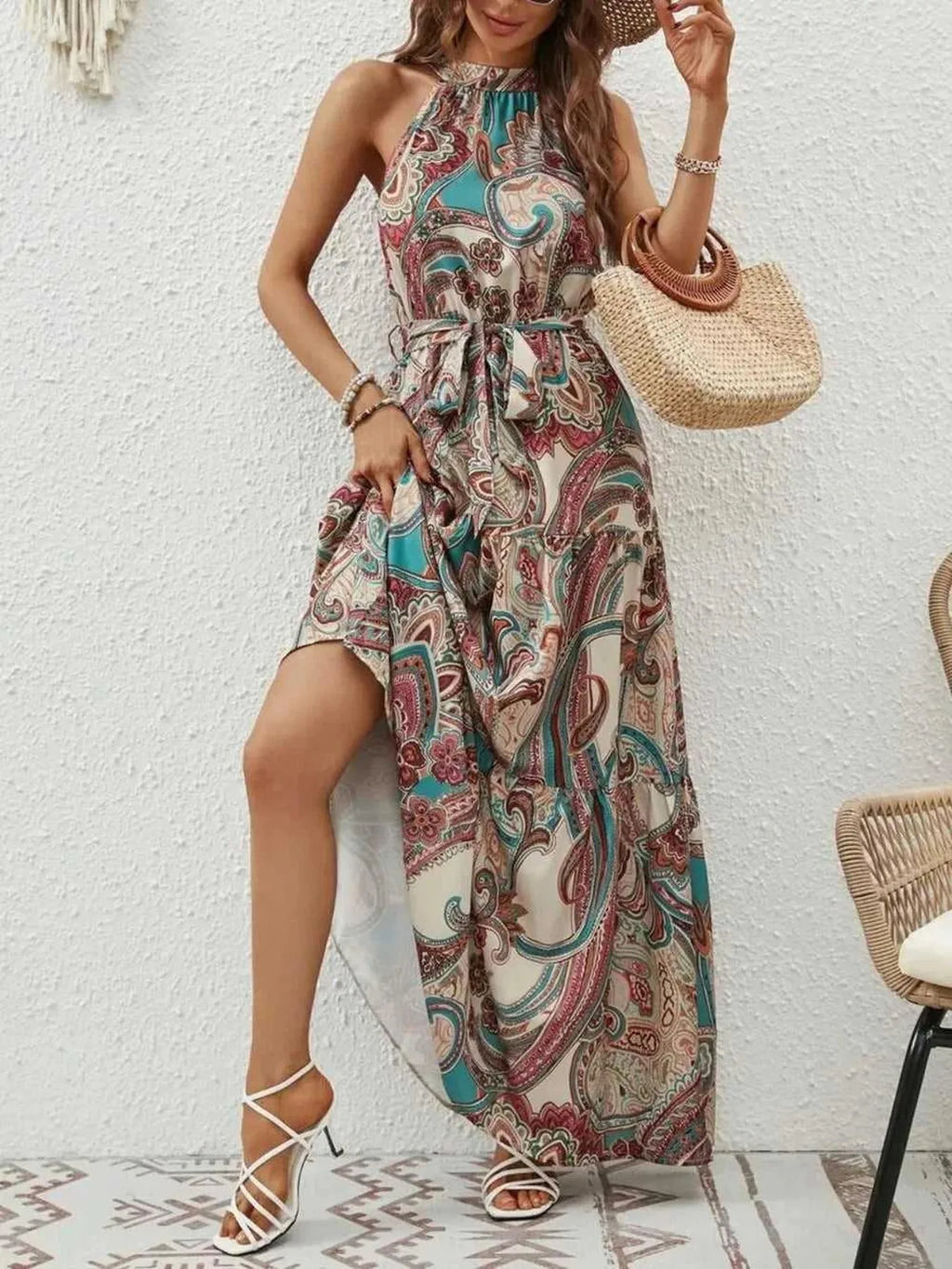 Tied Floral Sleeveless Dress -- 