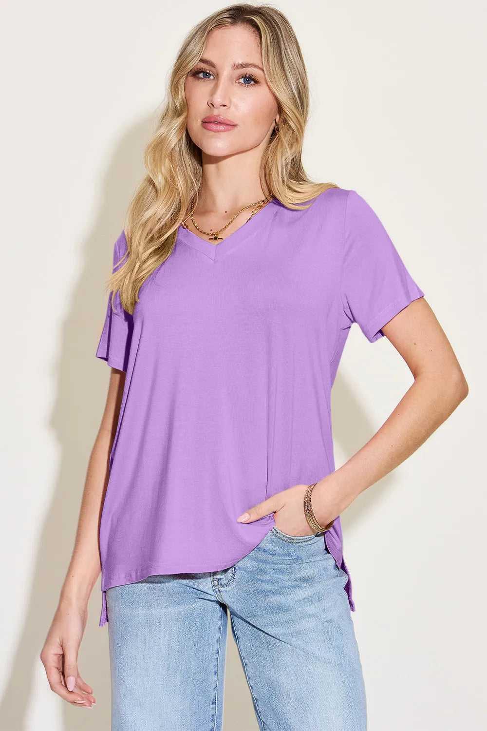 Basic Bae Bamboo Full Size V-Neck High-Low T-Shirt -- 