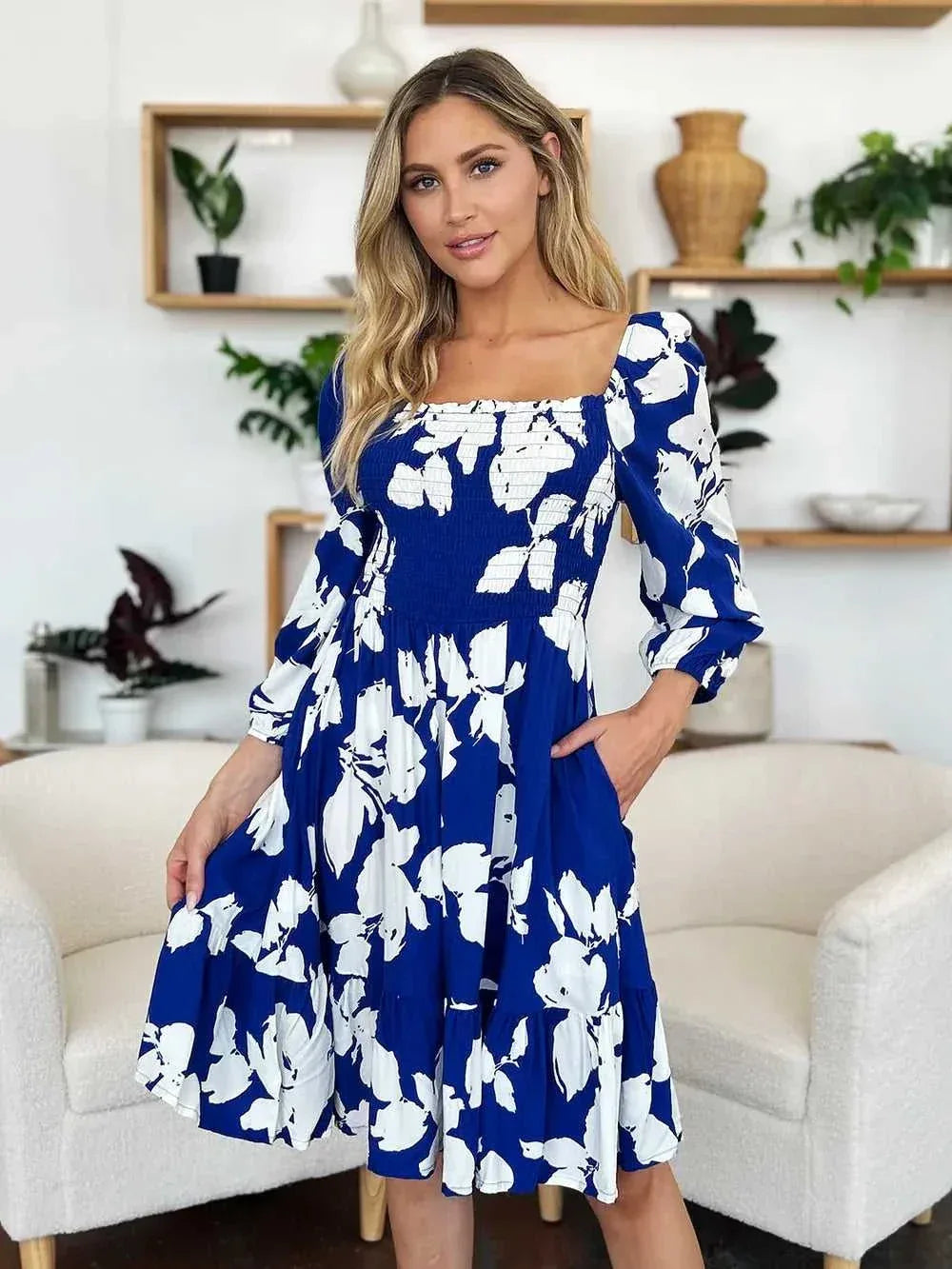 Double Take Full Size Floral Ruffle Hem Smocked Dress with Pockets -- 