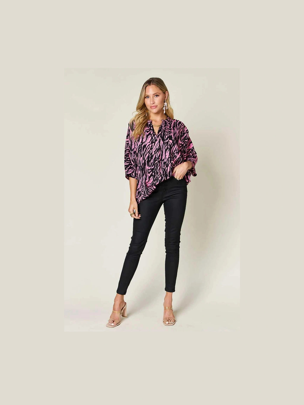 Double Take Full Size Printed Notched Three-Quarter Sleeve Blouse -- 
