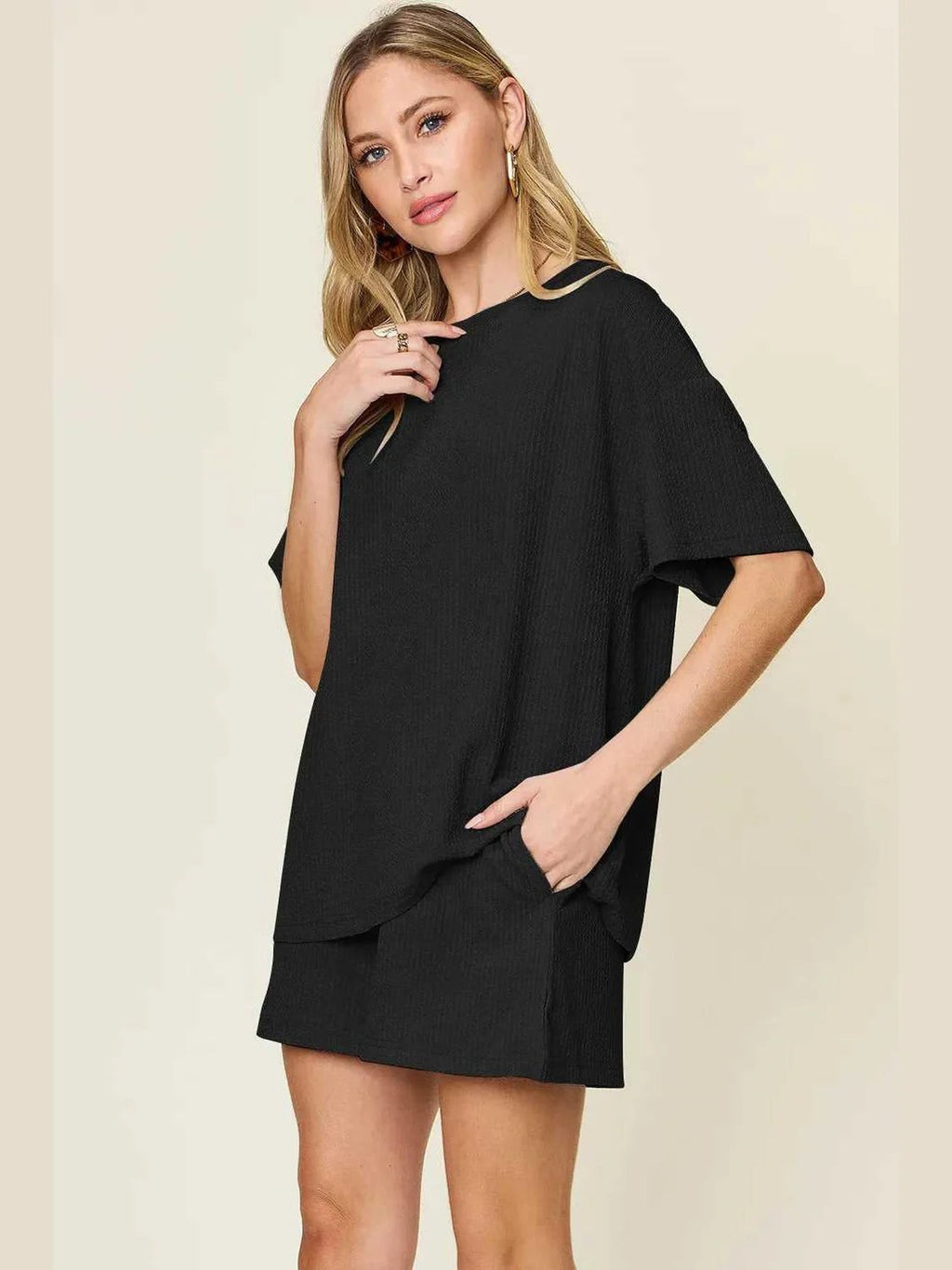 Double Take Basic style Round Neck Solid Set -- 