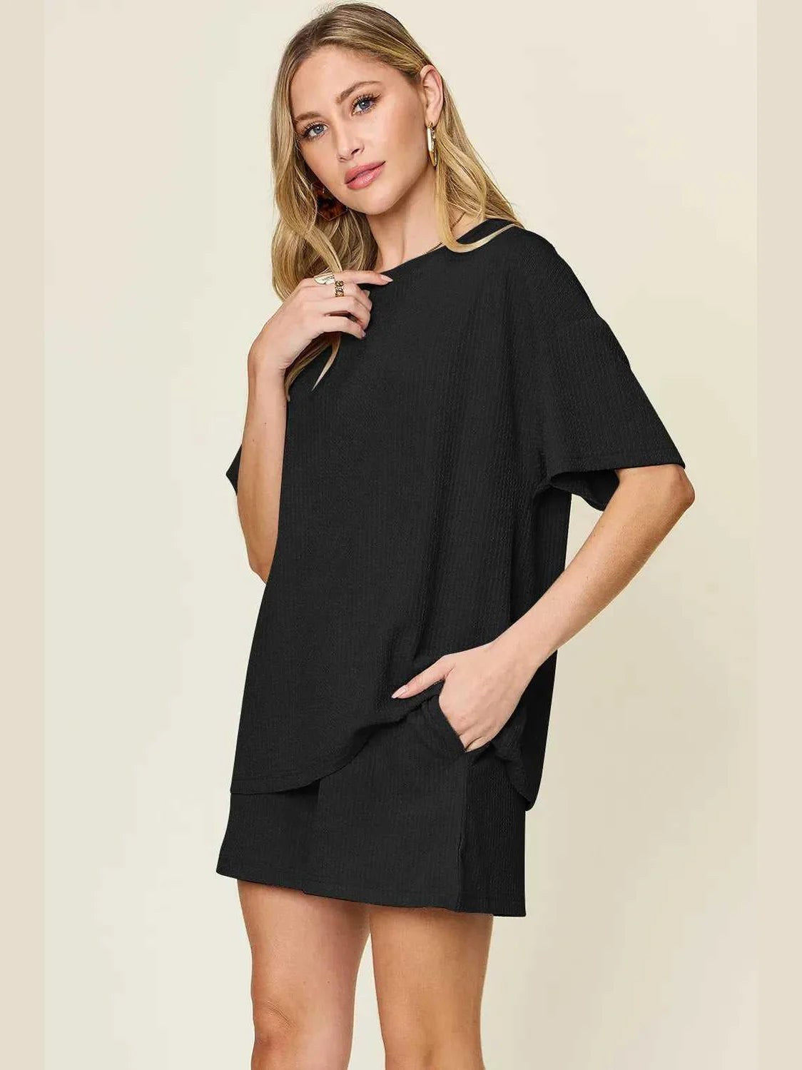 Double Take Basic style Round Neck Solid Set -- 