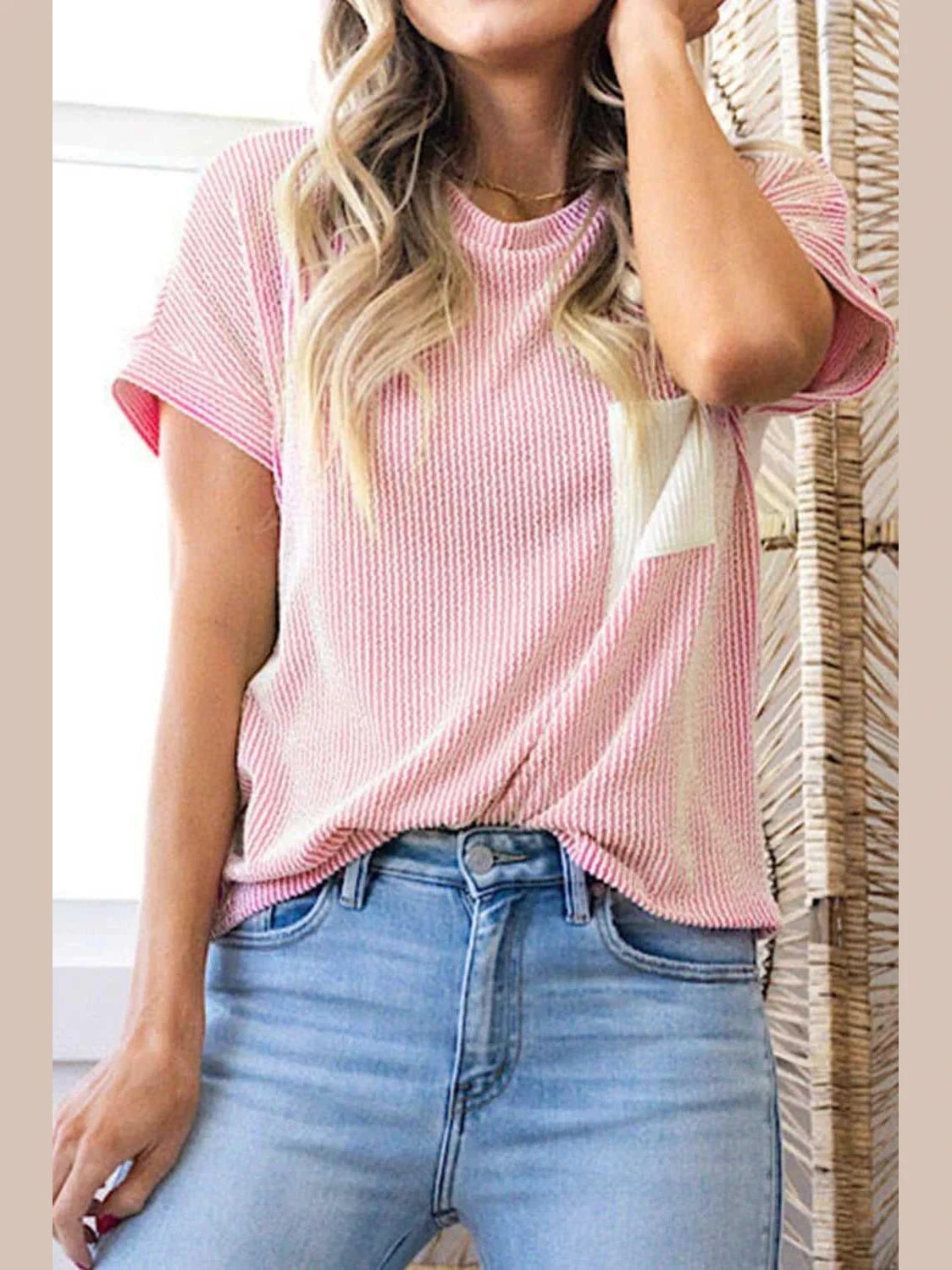 Corded Knit Color Block Pocketed Crew Neck T Shirt -- 