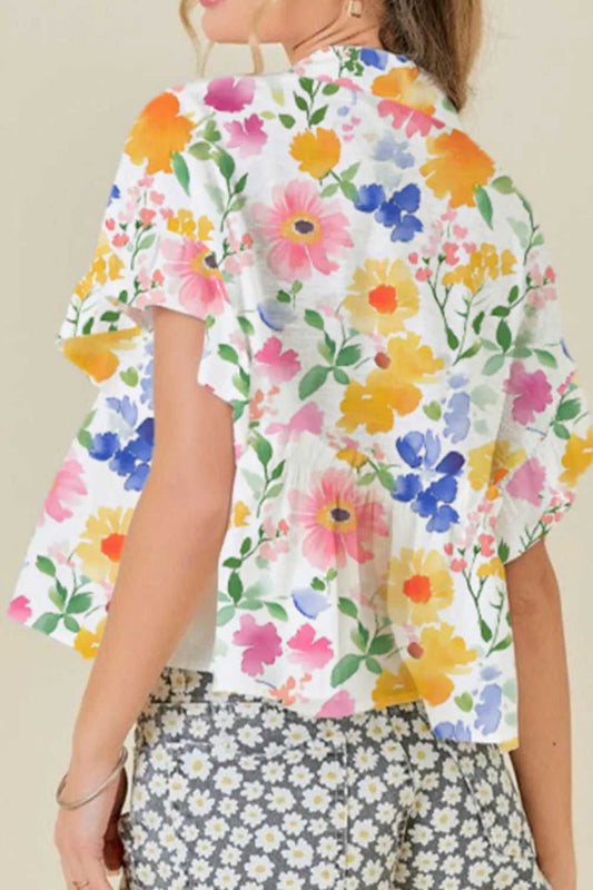 Floral Boxy Fit Ruffled Short Sleeve Blouse