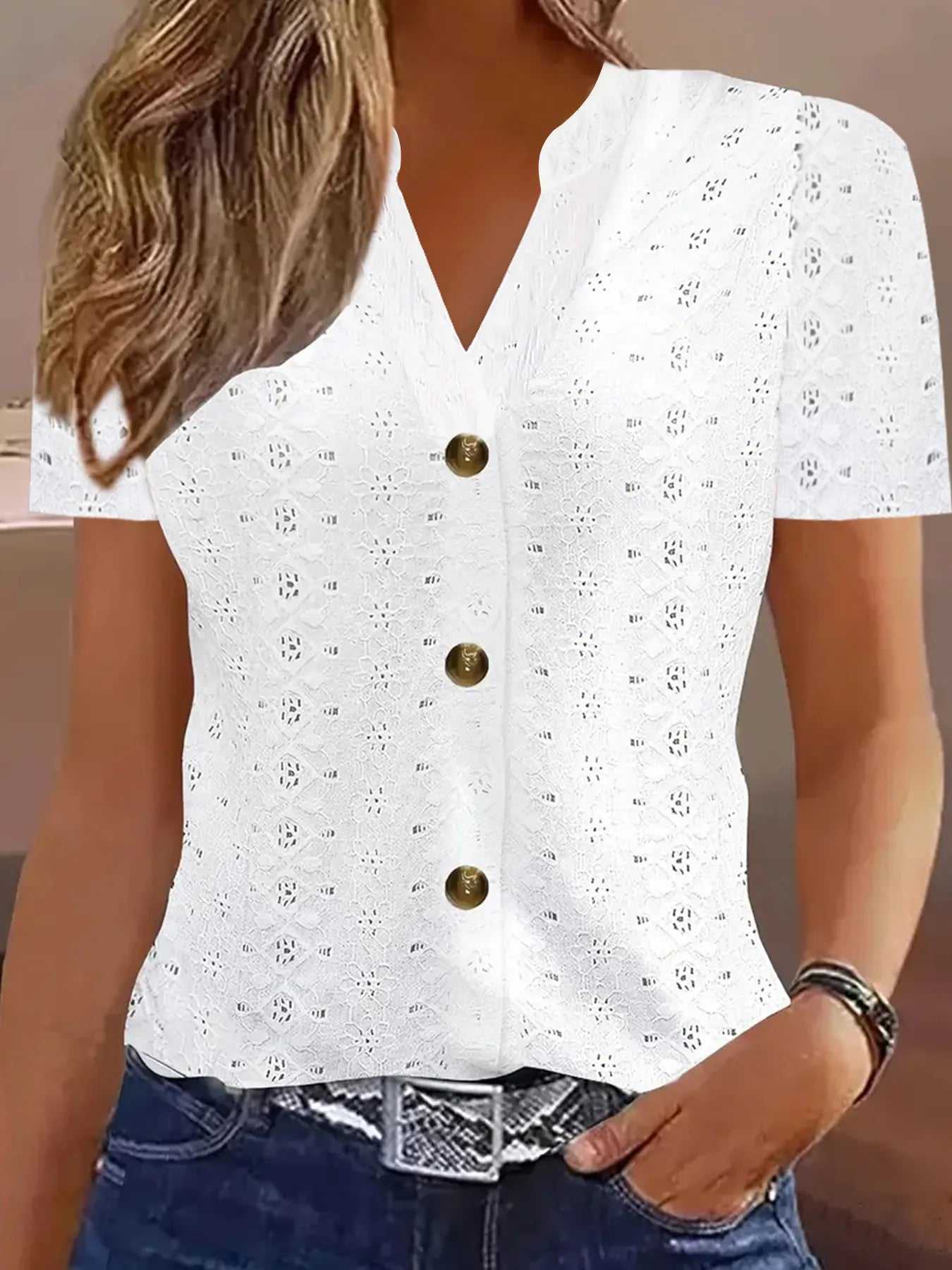 Openwork Notched Short Sleeve Top