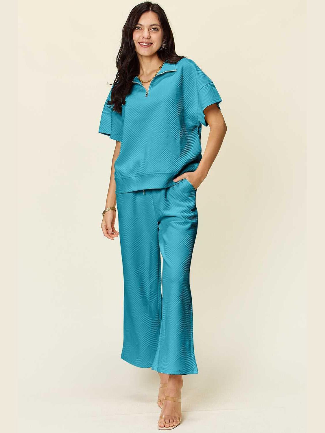 Double Take Full Size Texture Half Zip Short Sleeve Top and Pants Set -- 
