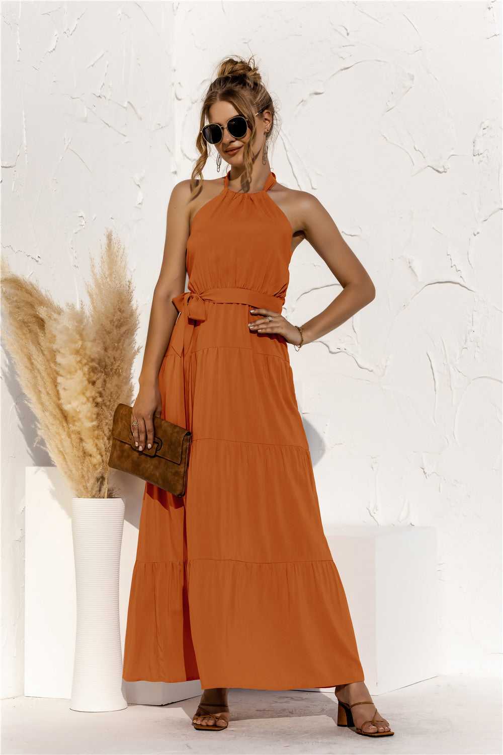 Halter Neck Tie Waist Tiered Maxi Dress - product_type from hopeford-streams.myshopify.com