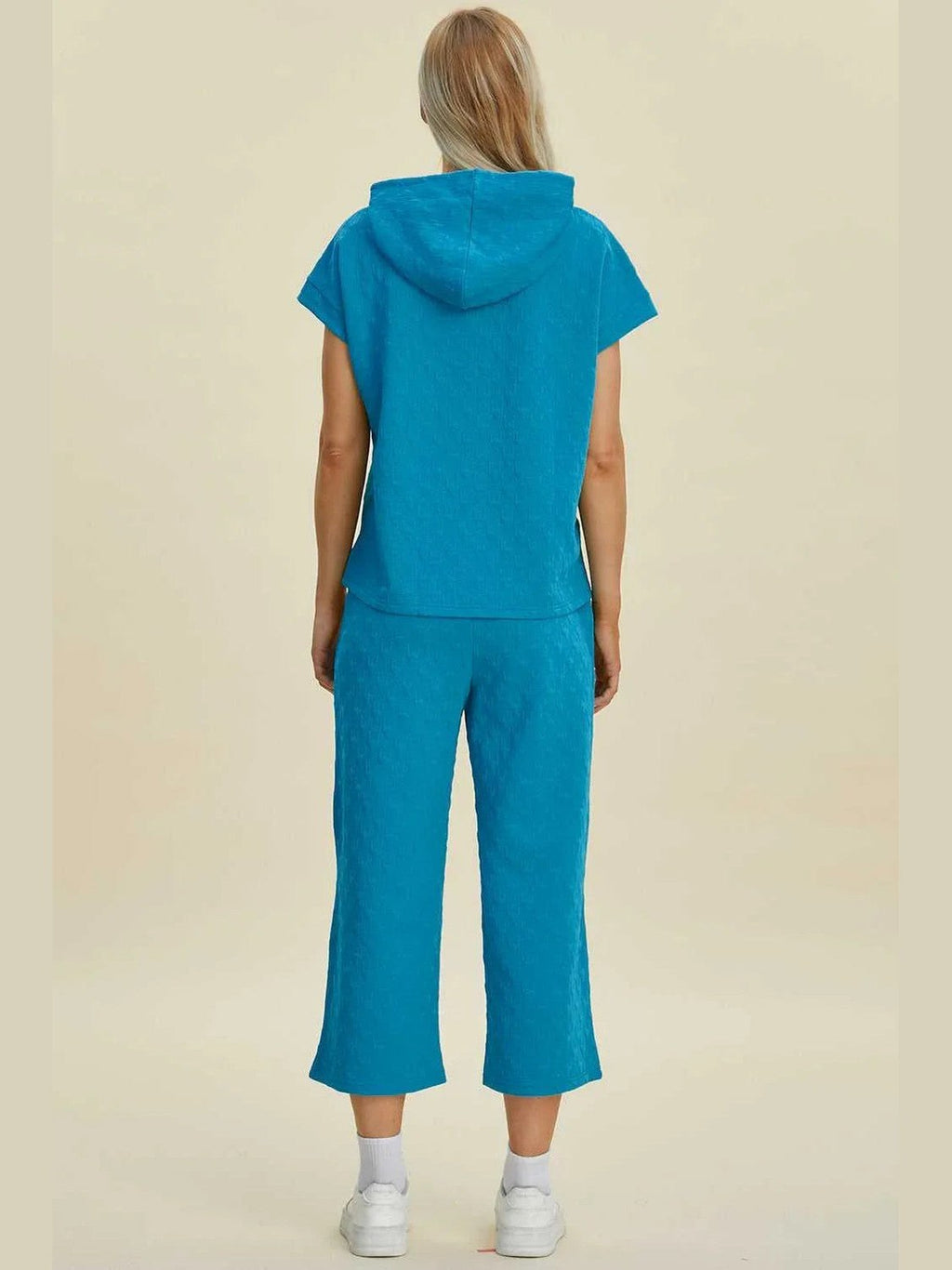 Double Take Full Size Texture Drawstring Short Sleeve Hoodie and Pocketed Pants Set -- 