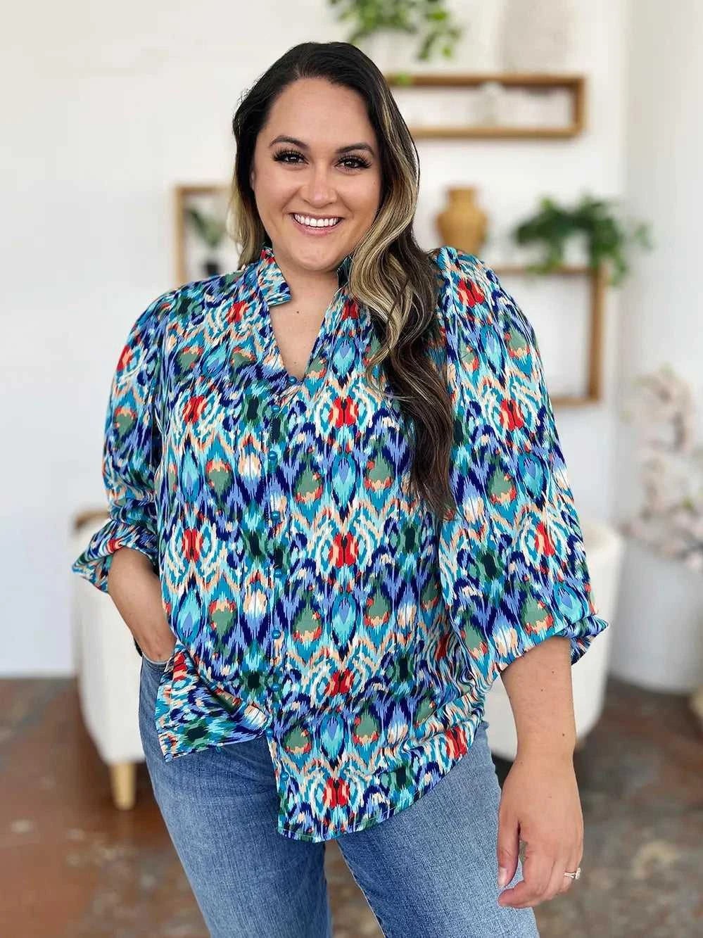 Double Take Full Size Printed Balloon Sleeve Blouse -- 