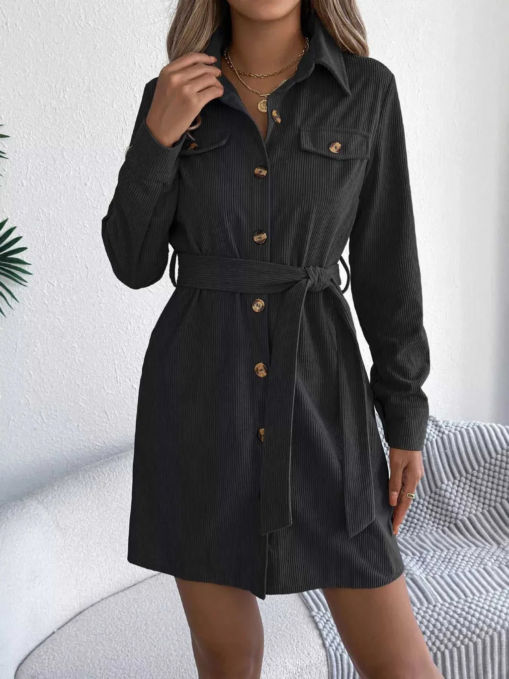 Button-Front Corduroy Shirt Dress -- 