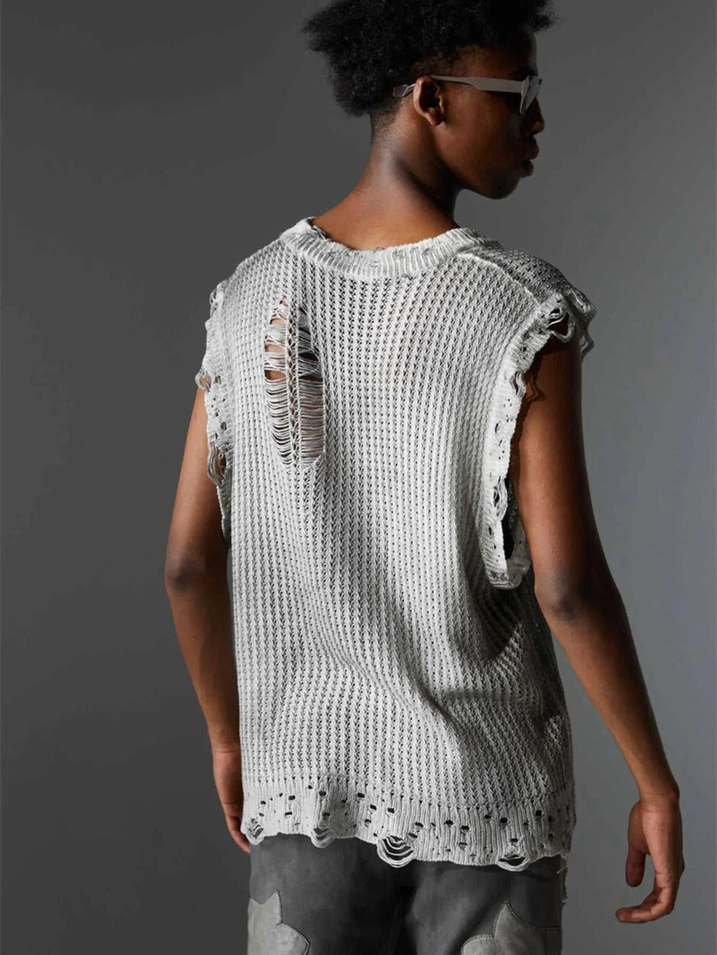Men's Distressed Knit Vest with Frayed Edges