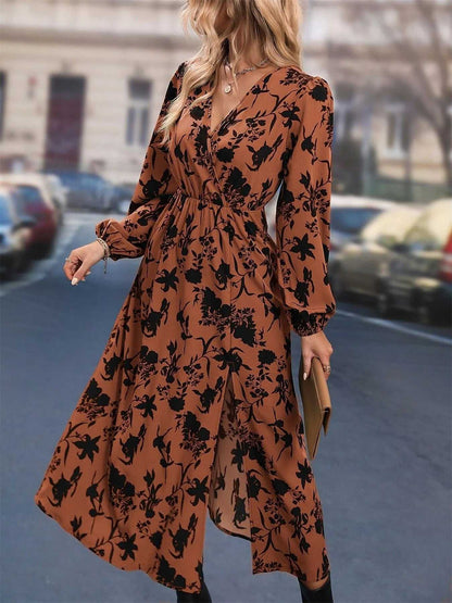 Printed Surplice Long Sleeve Dress