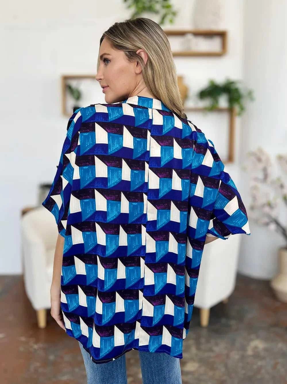 Double Take Full Size Geometric Notched Half Sleeve Blouse -- 