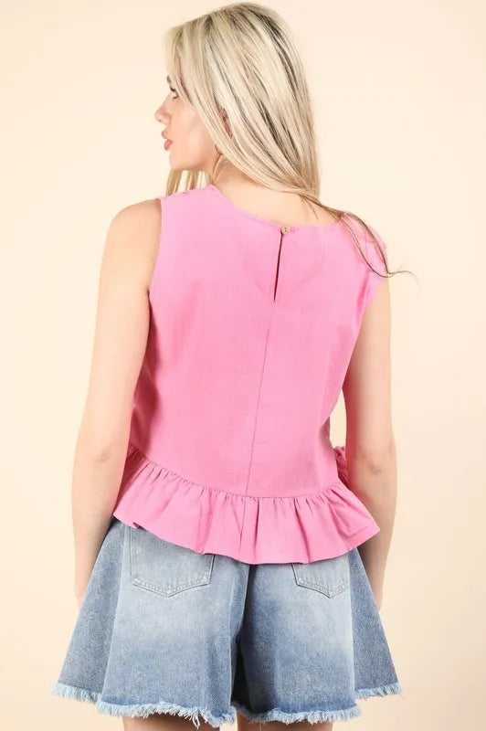 VERY J Side Tie Detail Ruffled Sleeveless Top