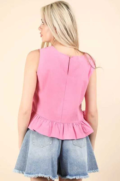 VERY J Side Tie Detail Ruffled Sleeveless Top