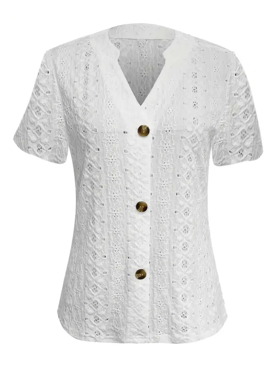 Openwork Notched Short Sleeve Top -- 