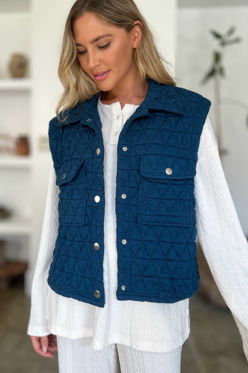 Double Take Full Size Pocketed Texture Snap Down Vest Coat -- 