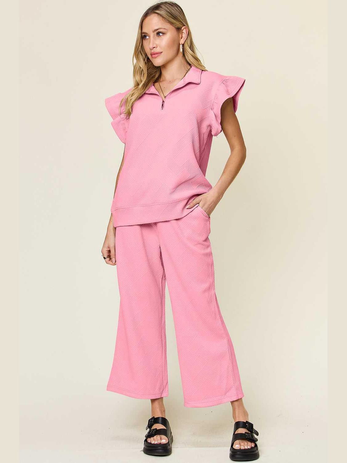 Ruffle Short Sleeve Top and Drawstring Wide Leg Pants Set -- 