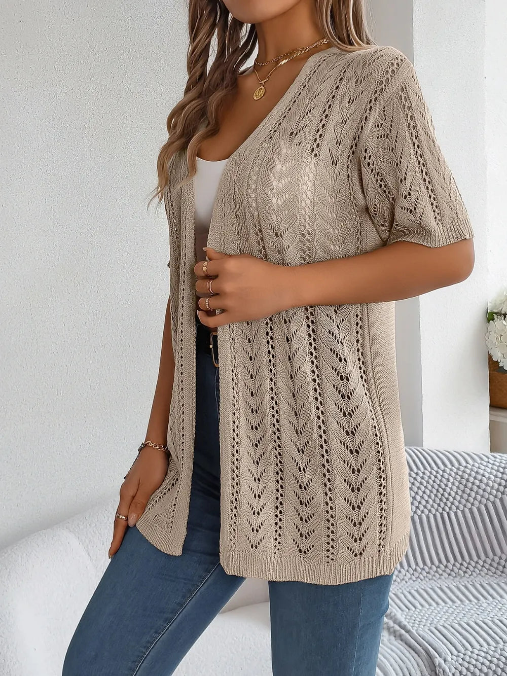 Openwork Open Front Half Sleeve Cardigan – White, Tan & Burnt Coral