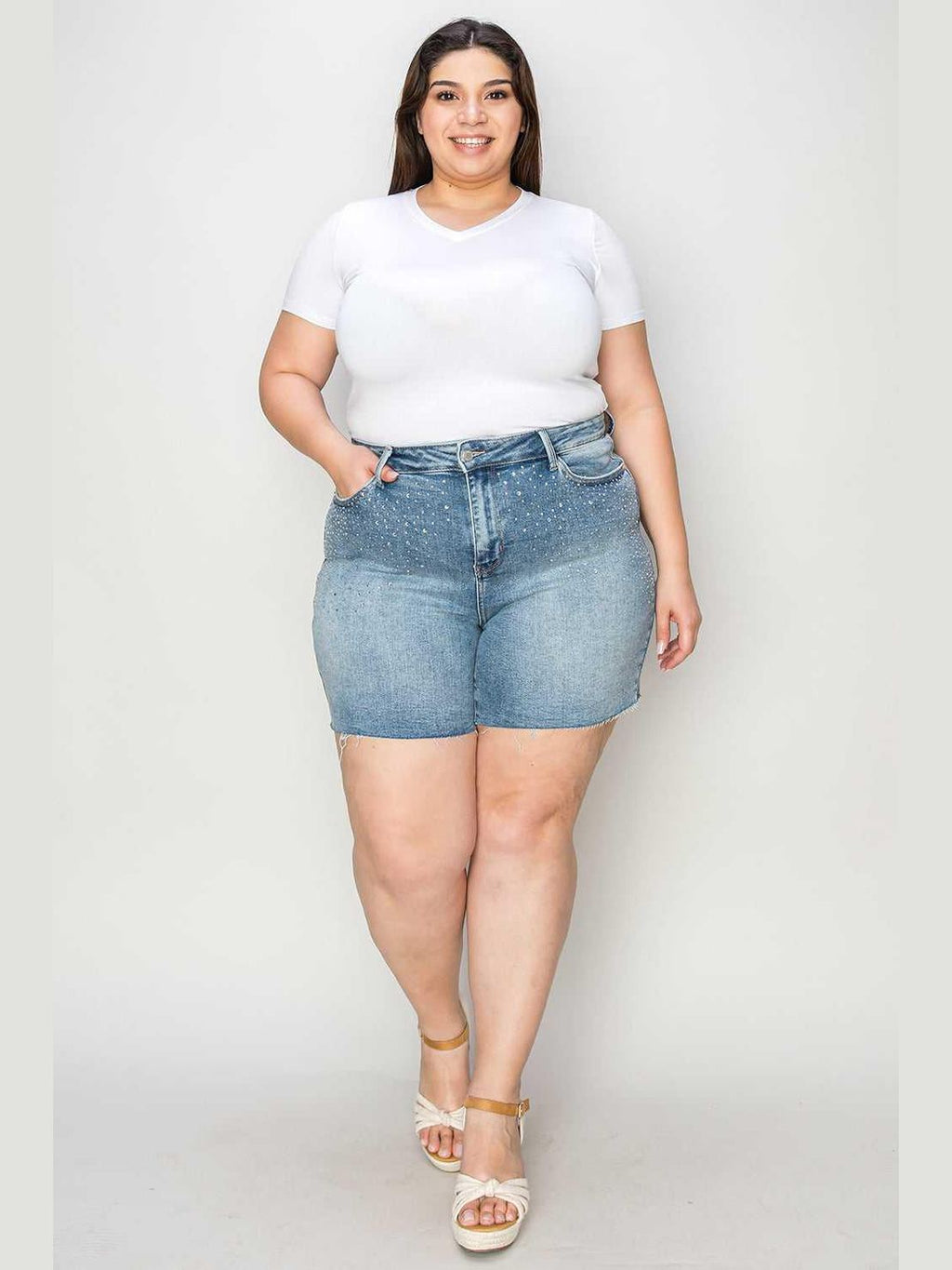 Judy Blue Full Size High Waist Rhinestone Decor Denim Shorts -- 