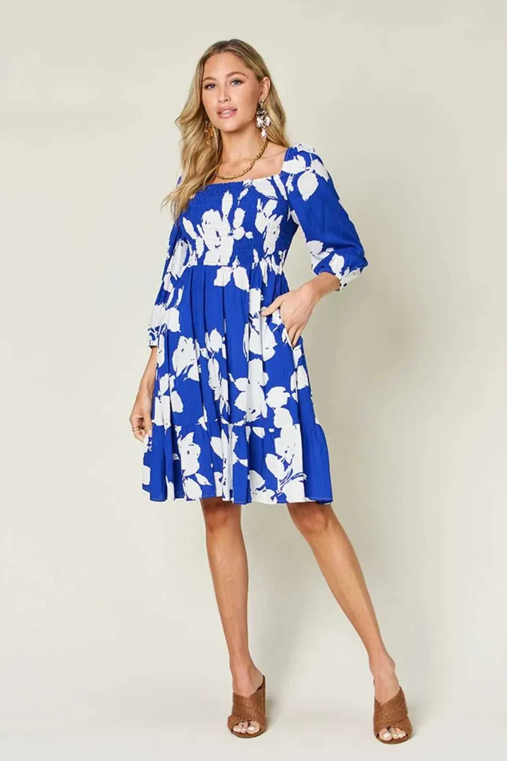 Double Take Full Size Floral Ruffle Hem Smocked Dress with Pockets -- 